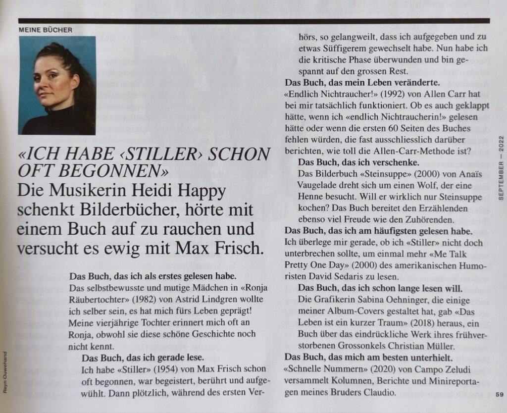 Die Musikerin Heidi Happy in der Rubrik "Meine Bücher" des Folios vom September 2022